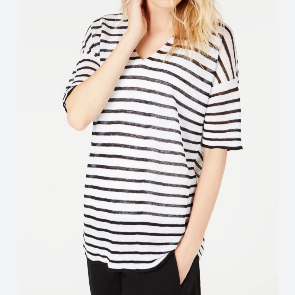 Eileen Fisher Black and White Striped Short Sleeve Tee